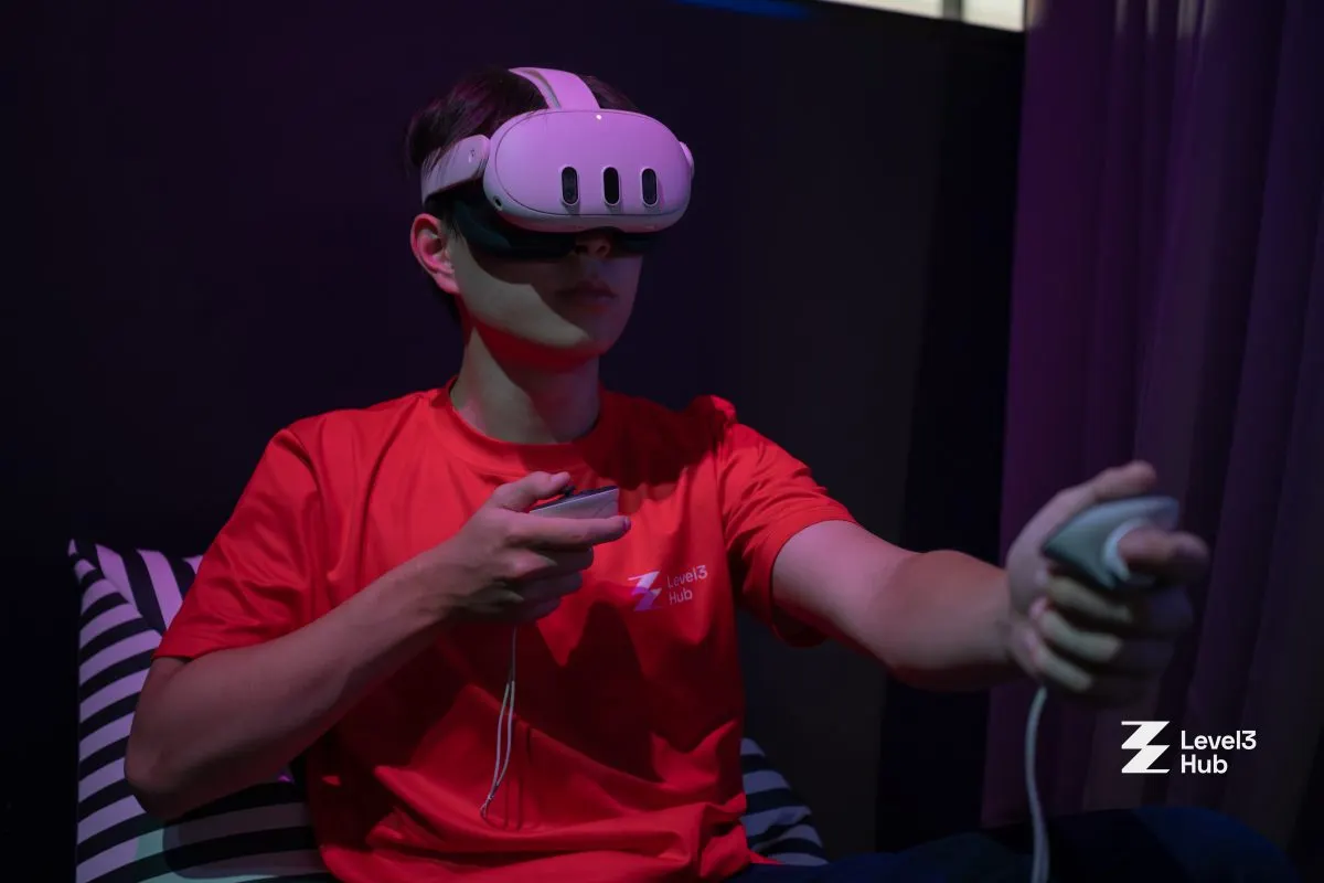 A player in a Quest 3 headset in the Level3 VR Arena